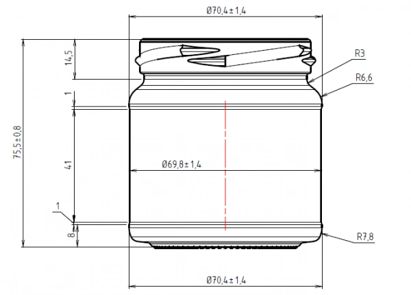 Teknisk ritning av en rund glasburk med kapacitet på 250 gram eller 212 milliliter. Innehåller exakta mått på höjd, diameter och radier.