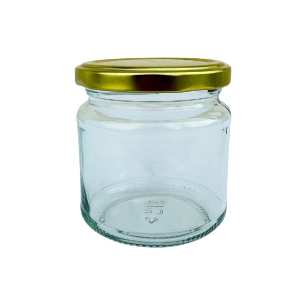 Rund glasburk på 250 g (212 ml) med guldfärgat BPA-fritt lock, perfekt för honung, sylt eller marmelad. Levereras i 15-pack.