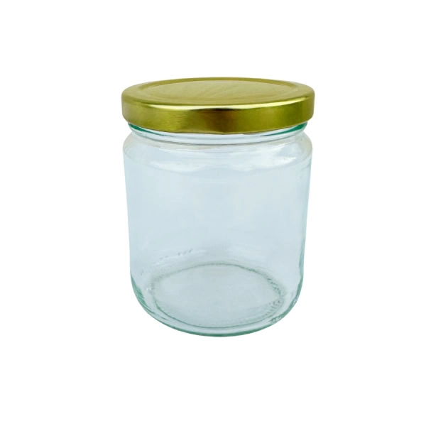 Klar glasburk med guldfärgat BPA-fritt lock, rymmer 350 g eller 300 ml – 15 st i kartong