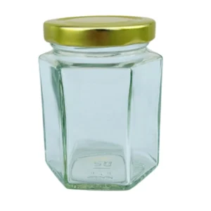 6-kantiga glasburkar 250 g/191 ml med guldfärgade BPA-fria skruvlock