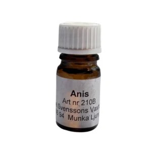 Brun glasflaska med vit kork och etikett märkt "Anis", 5 ml, används vid förening av bisamhällen.