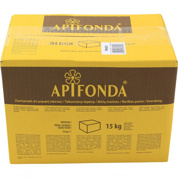 Apifonda foderdeg i vit plastpåse och gula kartonger i storlekarna 15 kg – används till bin.
