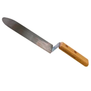 Avtäckningskniv med böjt knivblad i rostfritt stål och trähandtag av björk