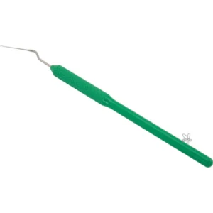 Omlarvningsnål Schweizer vänster med grönt aluminiumhandtag och böjd spets i rostfritt stål.