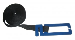 Svart spännrem 5 meter med blått norskt plastspänne, 25 mm bred, för säker fastsättning av bikupor.