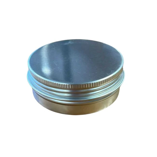 Rund aluminiumburk med skruvlock för salvor och krämer, rymmer 60 ml.